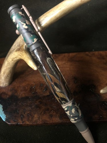 Hand Turned Bolt Action Baked Ceramic Woodland Camo Finish With Pheasant Feather
