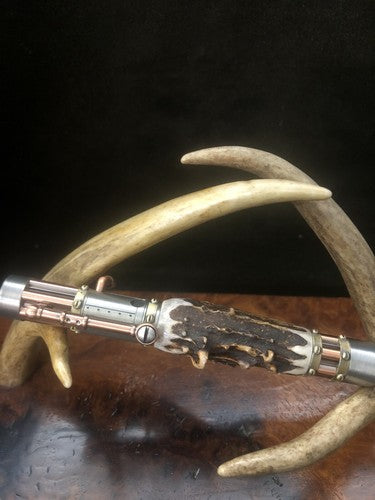 Handmade Bolt Action STEAMPUNK Pen Antique Copper & Pewter W/Roe Deer Antler!
