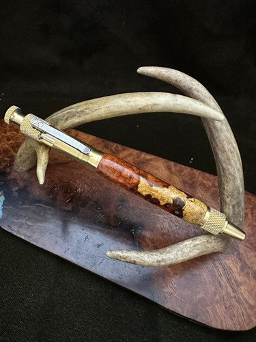 Handmade Ballpoint Clip Bolt Action Pen   Amboyna Burl Wood  Solid Brass