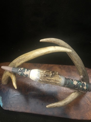 Hand Turned Bolt Action Baked Ceramic Woodland Camo Finish With Roe Deer Antler