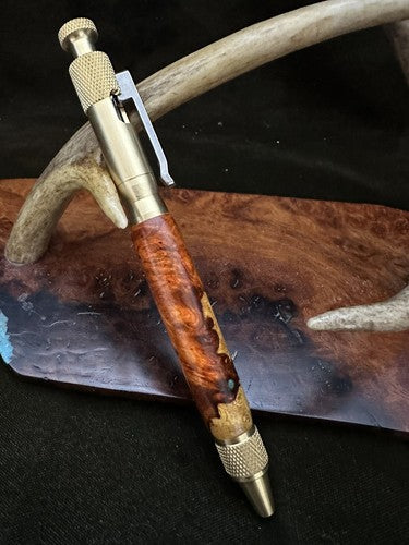 Handmade Ballpoint Clip Bolt Action Pen   Amboyna Burl Wood  Solid Brass