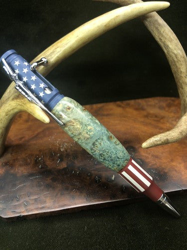 Hand Turned Bolt Action Ceramic Finish Stars And Stripes Pen W/ Box Elder Burl