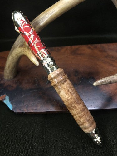 Hand Turned Firefighters Pen Made With Black Ash Burlwood Polish Brass &Red