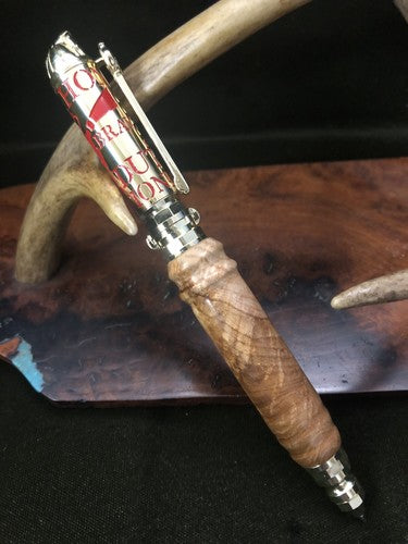 Hand Turned Firefighters Pen Made With Black Ash Burlwood Polish Brass &Red