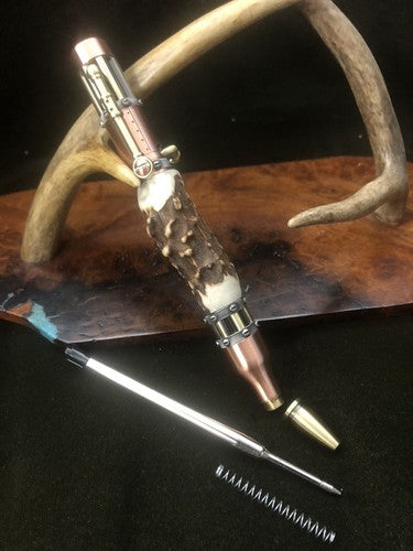 Handmade Bolt Action STEAMPUNK Pen Antique Copper & Brass  W/Roe Deer Antler!