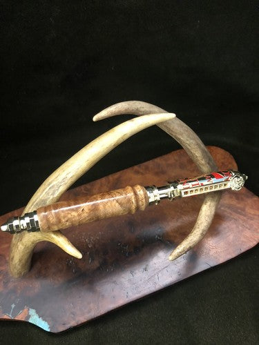 Hand Turned Firefighters Pen Made With Black Ash Burlwood Polish Brass &Red