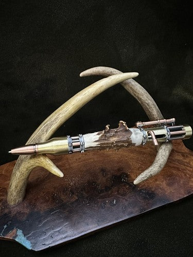 Handmade Bolt Action STEAMPUNK Pen Antique Brass And Copper W/Roe Deer Antler!