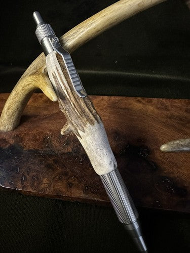 Hand Turned EDC Anvil Ballpoint Click Pen Stainless Finish With Roe Deer Antler