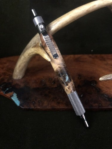 Hand Turned EDC Anvil Ballpoint Click Pen Gun Metal Finish With Post Oak Burl