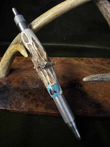 Hand Turned EDC Anvil Ballpoint Click Pen Stainless Finish With Roe Deer Antler