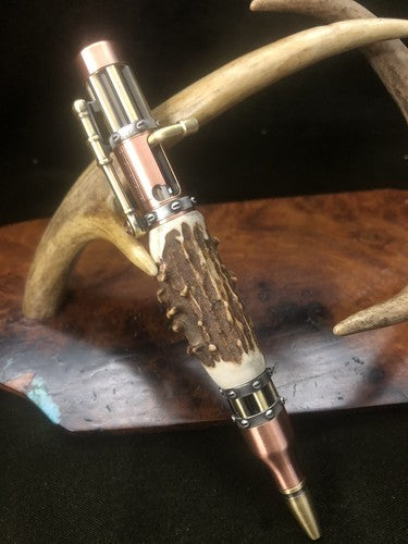 Handmade Bolt Action STEAMPUNK Pen Antique Copper & Brass  W/Roe Deer Antler!