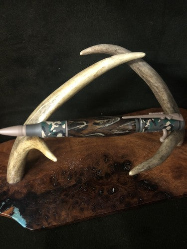 Hand Turned Bolt Action Baked Ceramic Woodland Camo Finish With Pheasant Feather