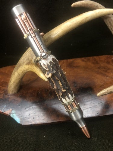 Handmade Bolt Action STEAMPUNK Pen Antique Copper & Pewter W/Roe Deer Antler!