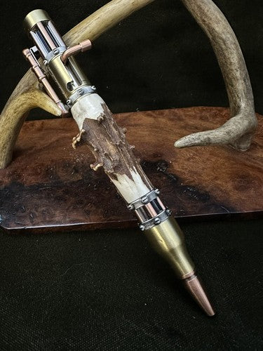 Handmade Bolt Action STEAMPUNK Pen Antique Brass And Copper W/Roe Deer Antler!