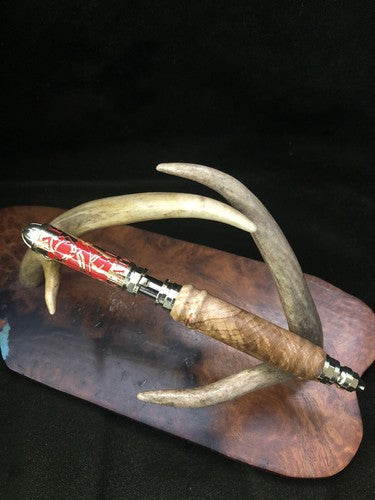 Hand Turned Firefighters Pen Made With Black Ash Burlwood Polish Brass &Red