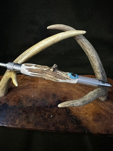 Hand Turned EDC Anvil Ballpoint Click Pen Stainless Finish With Roe Deer Antler