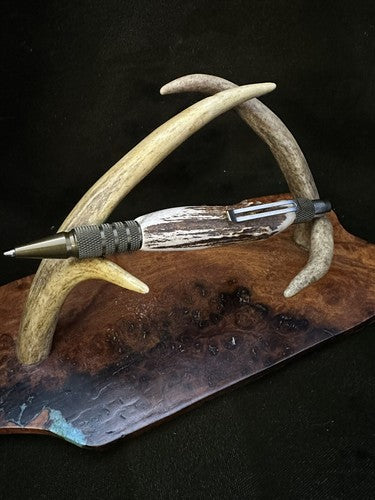 EDC Click Burnt Bronze Aluminum 6061-T6 Ballpoint Handmade Pen Roe Deer Antler