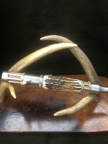 Handmade Bolt Action STEAMPUNK Pen Antique Copper & Pewter W/Roe Deer Antler!