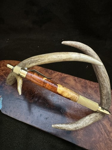 Hand Turned EDC Anvil Ballpoint Click Pen Brass Finish With Amboyna Burl Wood