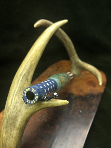 Hand Turned Bolt Action Ceramic Finish Stars And Stripes Pen W/ Box Elder Burl