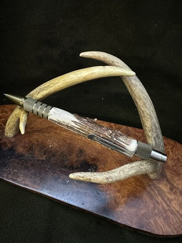 EDC Click Burnt Bronze Aluminum 6061-T6 Ballpoint Handmade Pen Roe Deer Antler