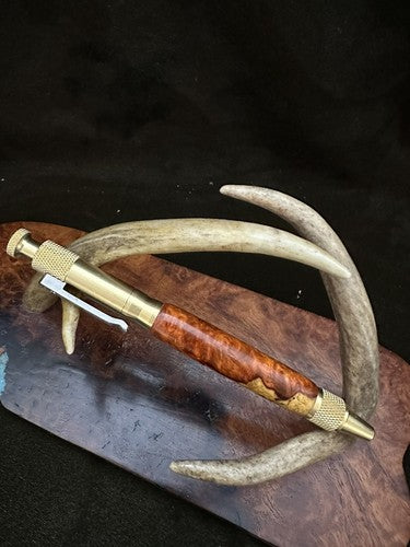 Handmade Ballpoint Clip Bolt Action Pen   Amboyna Burl Wood  Solid Brass