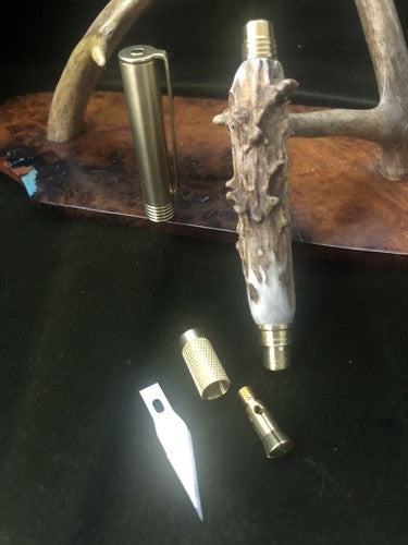 Hand Turned Craft and Hobby Knife With Roe Deer Antler Brass Finish