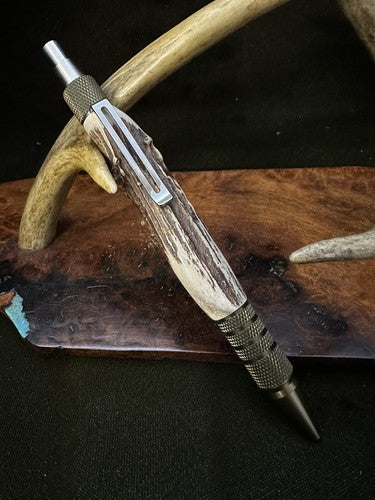EDC Click Burnt Bronze Aluminum 6061-T6 Ballpoint Handmade Pen Roe Deer Antler