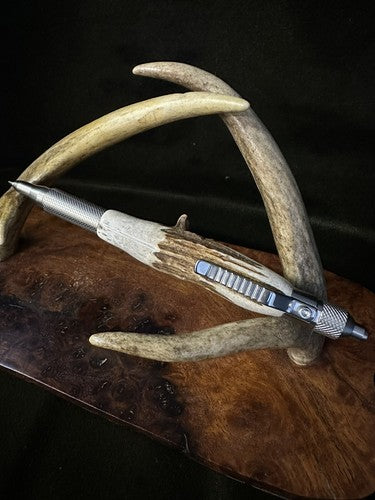 Hand Turned EDC Anvil Ballpoint Click Pen Stainless Finish With Roe Deer Antler