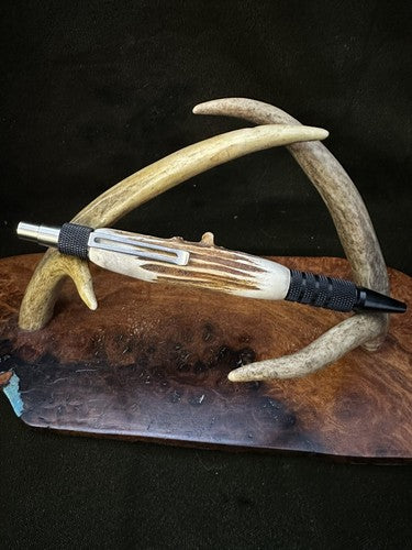 EDC Click Pen Black  Aluminum 6061-T6 Ballpoint Handmade Pen Roe Deer Antler
