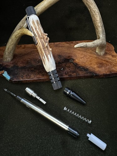 EDC Click Pen Black  Aluminum 6061-T6 Ballpoint Handmade Pen Roe Deer Antler