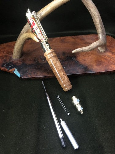 Hand Turned Firefighters Pen Made With Black Ash Burlwood Polish Brass &Red