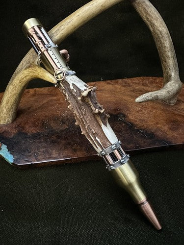 Handmade Bolt Action STEAMPUNK Pen Antique Brass And Copper W/Roe Deer Antler!