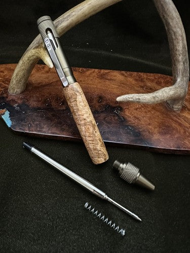 Handmade Ballpoint Clip Bolt Action Pen   Cherry Burl Wood  Anodized Aluminum