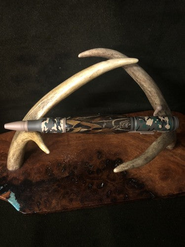 Hand Turned Bolt Action Baked Ceramic Woodland Camo Finish With Pheasant Feather