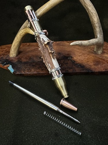 Handmade Bolt Action STEAMPUNK Pen Antique Brass And Copper W/Roe Deer Antler!