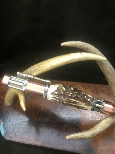 Handmade Bolt Action STEAMPUNK Pen Antique Copper & Brass  W/Roe Deer Antler!