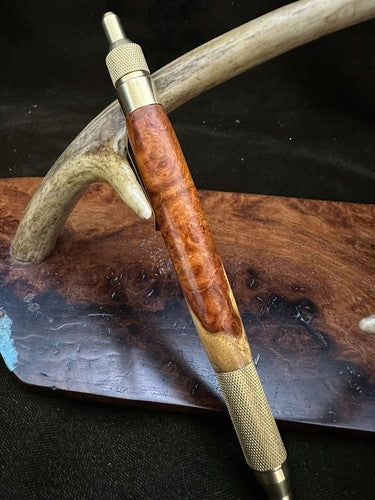 Hand Turned EDC Anvil Ballpoint Click Pen Brass Finish With Amboyna Burl Wood
