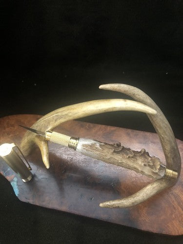 Hand Turned Craft and Hobby Knife With Roe Deer Antler Brass Finish