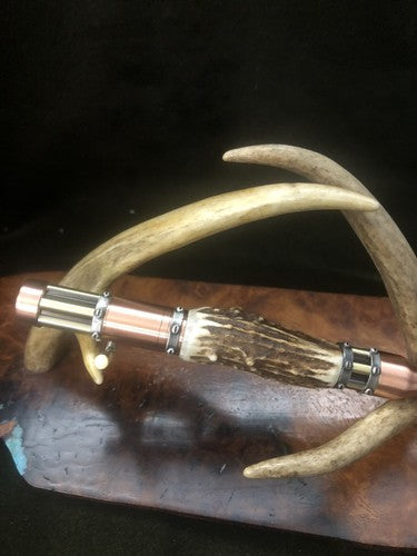 Handmade Bolt Action STEAMPUNK Pen Antique Copper & Brass  W/Roe Deer Antler!