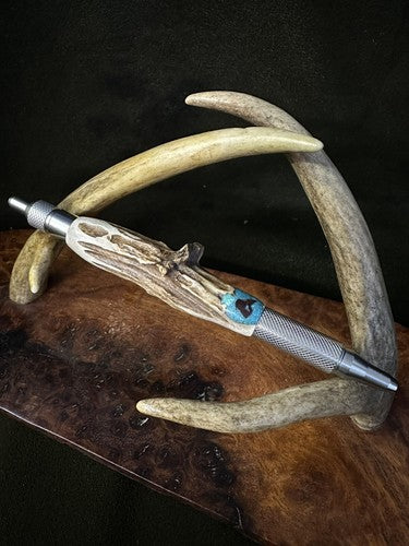 Hand Turned EDC Anvil Ballpoint Click Pen Stainless Finish With Roe Deer Antler
