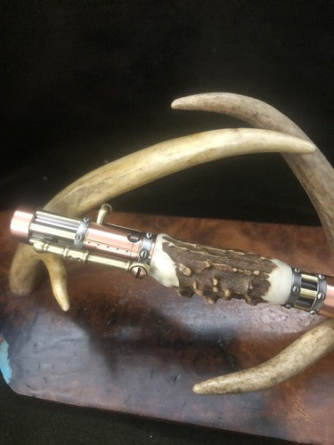 Handmade Bolt Action STEAMPUNK Pen Antique Copper & Brass  W/Roe Deer Antler!