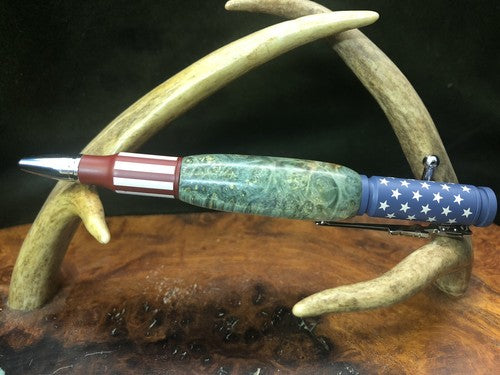 Hand Turned Bolt Action Ceramic Finish Stars And Stripes Pen W/ Box Elder Burl
