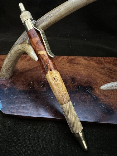 Hand Turned EDC Anvil Ballpoint Click Pen Brass Finish With Amboyna Burl Wood