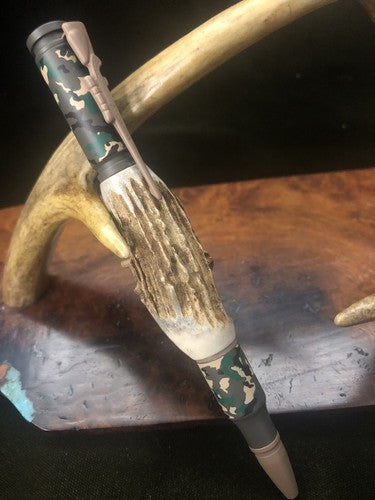 Hand Turned Bolt Action Baked Ceramic Woodland Camo Finish With Roe Deer Antler
