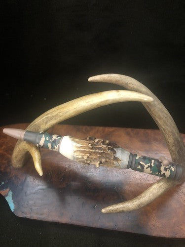 Hand Turned Bolt Action Baked Ceramic Woodland Camo Finish With Roe Deer Antler