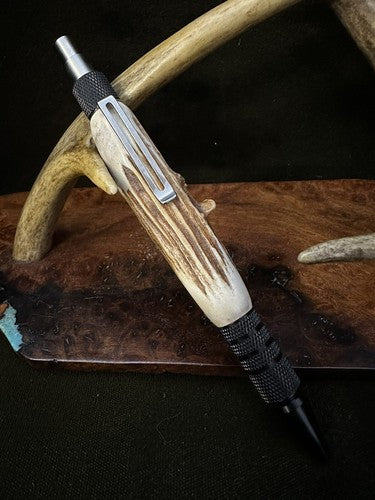 EDC Click Pen Black  Aluminum 6061-T6 Ballpoint Handmade Pen Roe Deer Antler