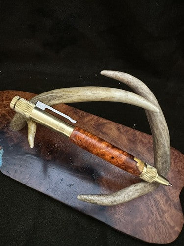 Handmade Ballpoint Clip Bolt Action Pen   Amboyna Burl Wood  Solid Brass
