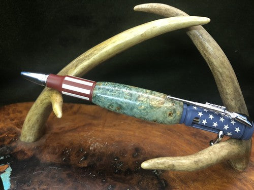 Hand Turned Bolt Action Ceramic Finish Stars And Stripes Pen W/ Box Elder Burl