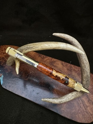 Handmade Ballpoint Clip Bolt Action Pen   Amboyna Burl Wood  Solid Brass